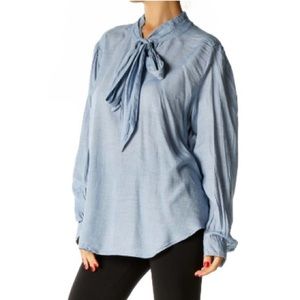Loft Panel Front Tie Blue Long Sleeve Relaxed Fit Blouse M